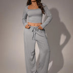 230grams Knitted Cotton Silk Screen Printed Two Piece Set Crop Top Women