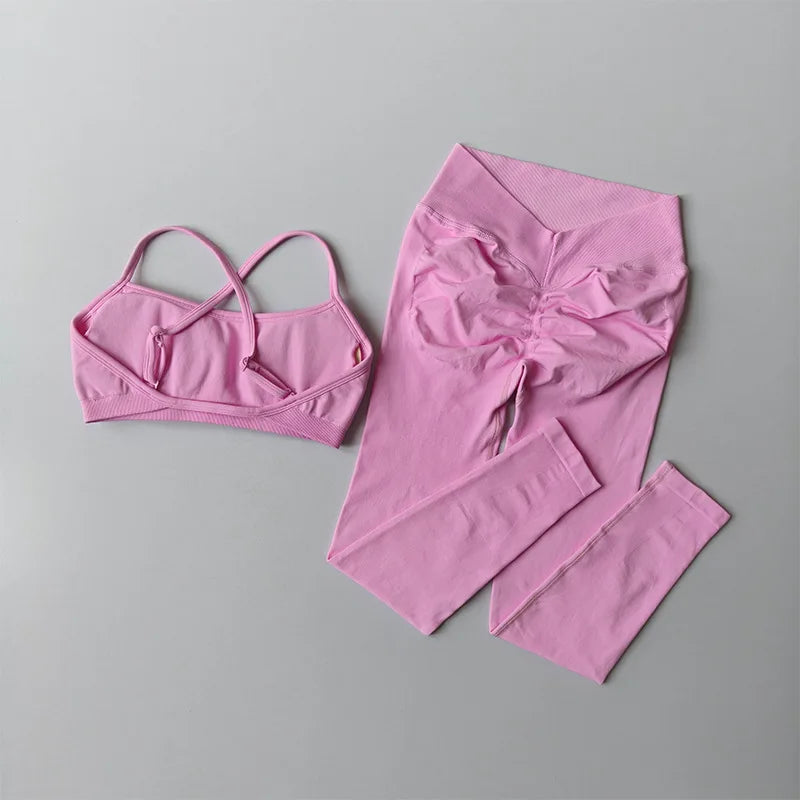 Custom Logo Seamless Gym Sportswear Backless Yoga Set Nylon Spandex Knit Seamless Yoga Set