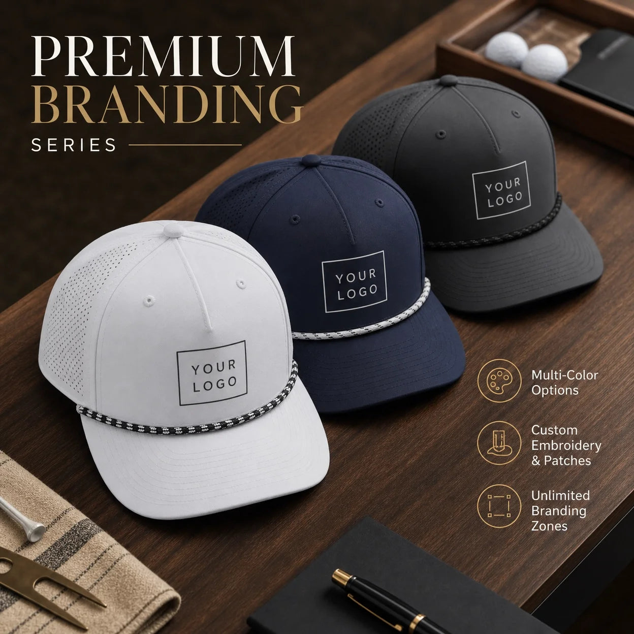 Polyester Cotton Custom Water Resistant Golf Perforated Cap Sport Hat