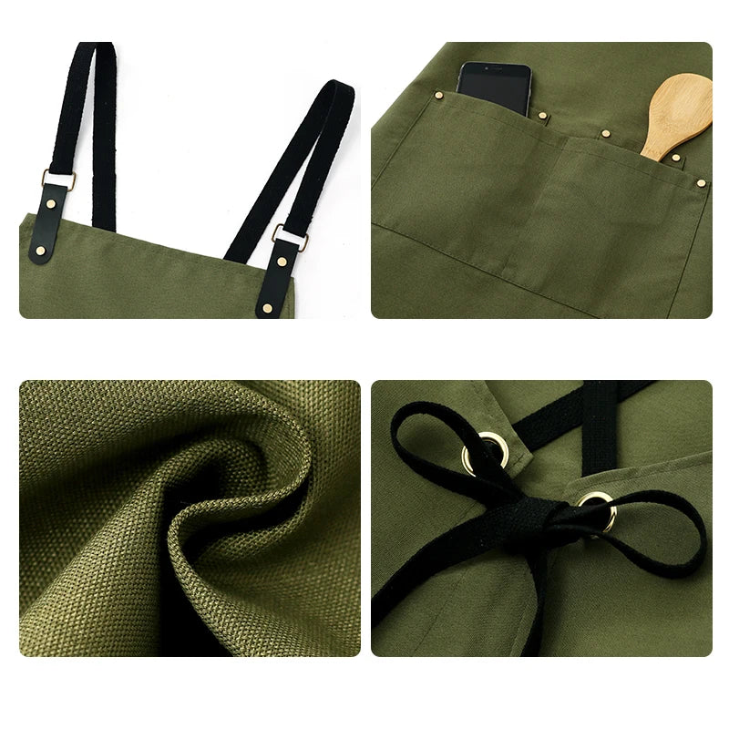 Adjustable Heavyweight Waxed Cotton Canvas Multi-Pocket Work Apron
