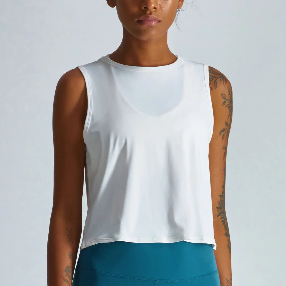 Custom Logo Quick Dry Sleeveless T Shirt Athletic Yoga Vest  80/20 Nylon Spandex Loose Fit Cropped Quick Dry Solid Tank Logo Shirt