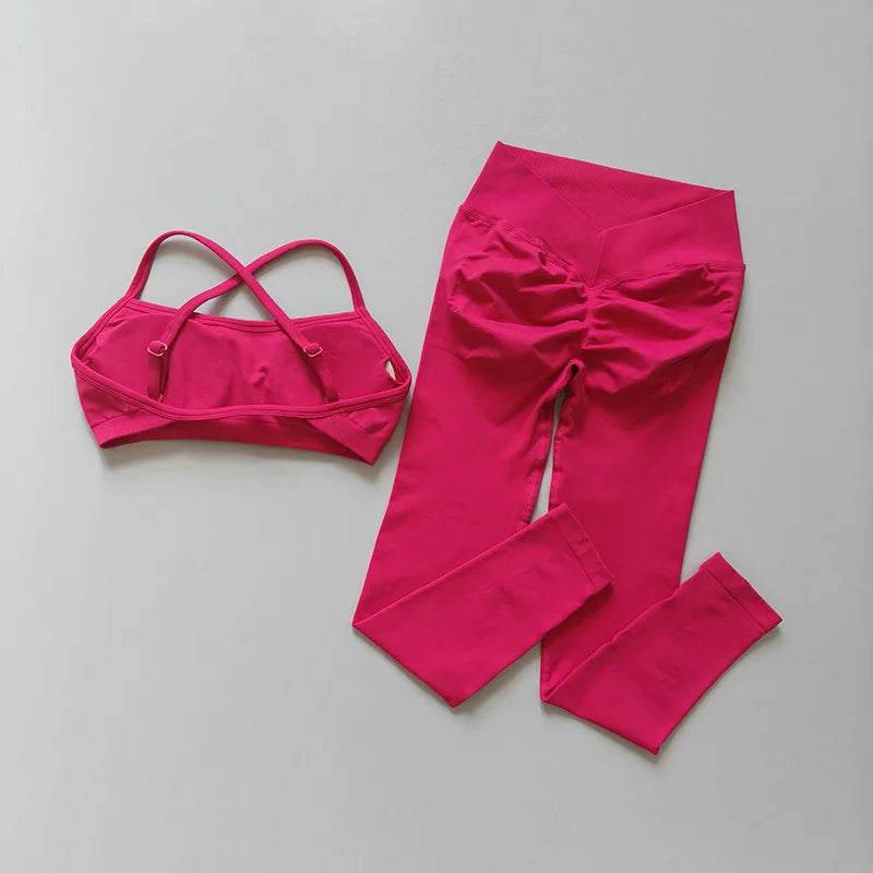 Custom Logo Seamless Gym Sportswear Backless Yoga Set Nylon Spandex Knit Seamless Yoga Set
