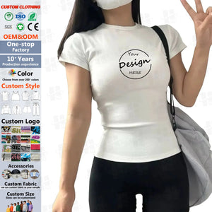 Custom Woman Slim Fit Crew Neck T-Shirt Screen Print Knitted Cotton