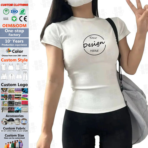 Custom Woman Slim Fit Crew Neck T-Shirt Screen Print Knitted Cotton