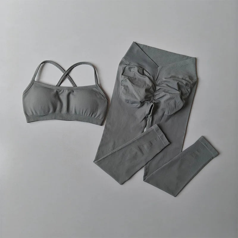 Custom Logo Seamless Gym Sportswear Backless Yoga Set Nylon Spandex Knit Seamless Yoga Set