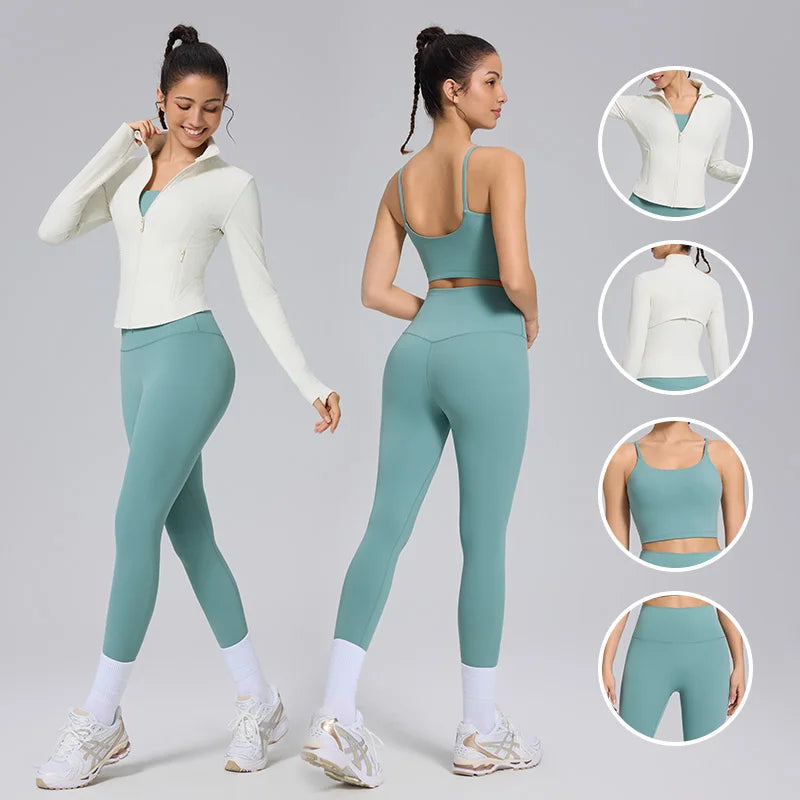 Custom logo Fitness Sports Yoga Jacket High Waist Leggings 2 Pcs Nylon Spandex Interlock Slim Fit Yoga Jacket