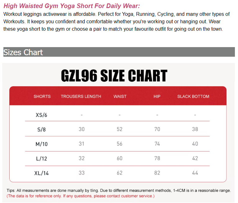 Size Guide for Custom Logo Seamless High Waisted Women Yoga Shorts Activewear
