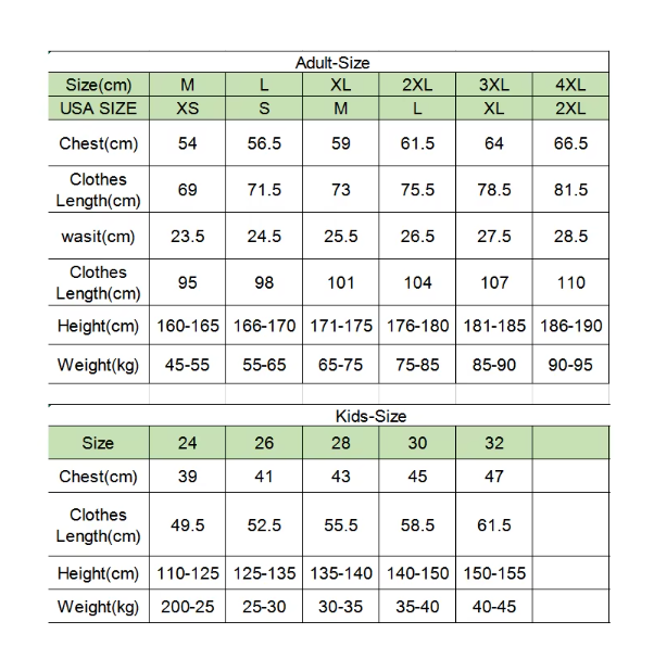 Size Guide for Custom 250gsm Polyester Spandex Heat Transfer Long Sleeve Suit for Club Soccer Training