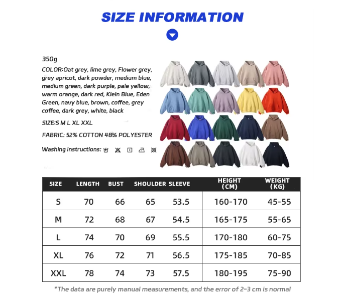 Size Guide for Heavyweight 350gsm Cotton Polyester Pullover Sweatshirt High Fit Blank Blanks
