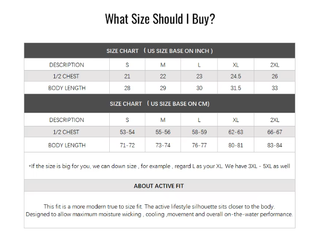 Size Guide for 175gsm Polyester Spandex Sublimation Long Sleeve Performance Fishing Shirts Hot Design Dry Men Apparel