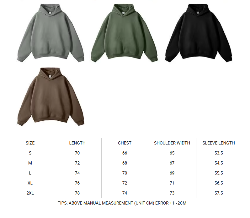 Size Guide for 500G French Terry Pullover Men High Heavyweight Cotton Custom Hoodie