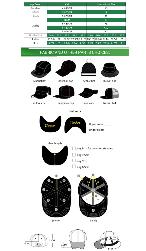 Size Guide for Factory Suede Low MOQ Hip Logo Trucker Hat | Custom 5 Panel Blank