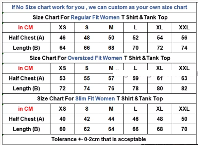 Size Guide for 100% Cotton 130-300 GSM Screen Print Sportswear Wholesale Gym Ladies Tops