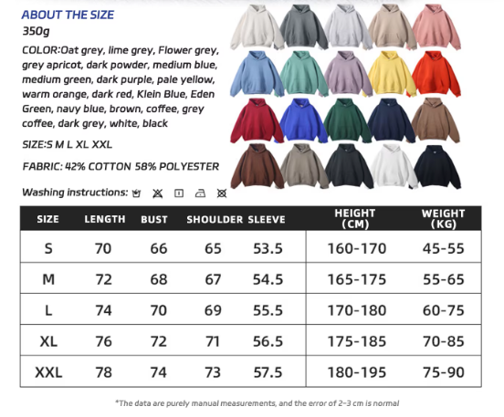 Size Guide for Oversized Hoodie Custom logo High Weight 350gsm Oversized Blank Pullover Hoodie for Mens Drops
